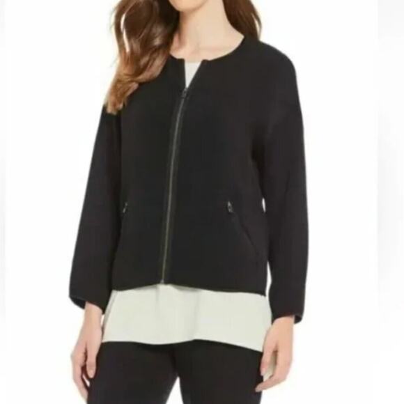 Eileen Fisher Black Textured Silk Blend Boxy Bomber-Style Zip-Up Jacket - Sz XL - Picture 1 of 12